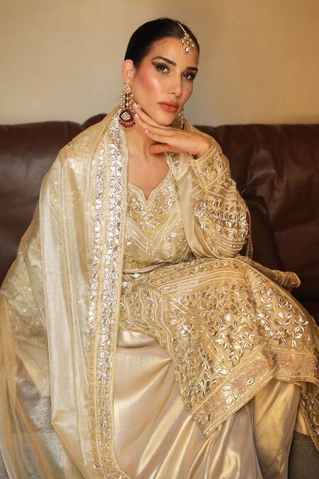 Buy_Shian_Gold Tissue Embroidery Round Neck Kurta Sharara Set _Online_at_Aza_Fashions