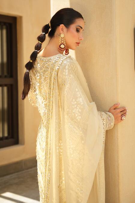 Shop_Shian_Gold Tissue Embroidery Round Neck Kurta Sharara Set _Online_at_Aza_Fashions