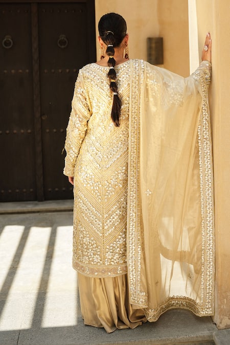 Shian Golden Embroidered Kurta Sharara Set 