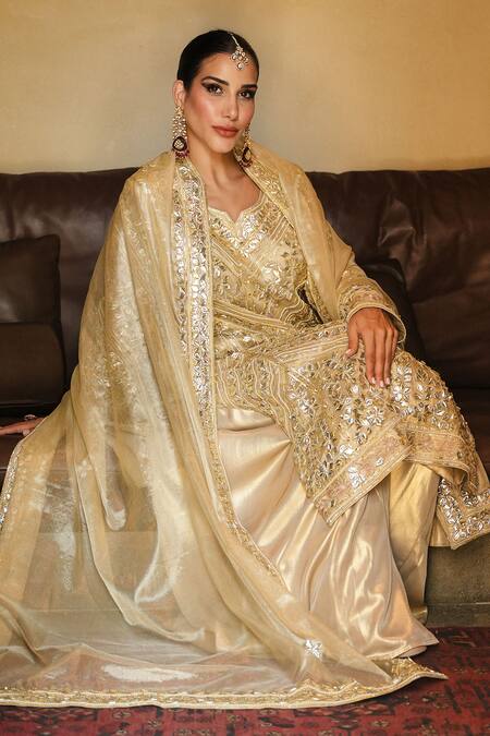 Shian_Gold Tissue Embroidery Round Neck Kurta Sharara Set _at_Aza_Fashions