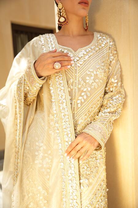 Buy_Shian_Gold Tissue Embroidery Round Neck Kurta Sharara Set 