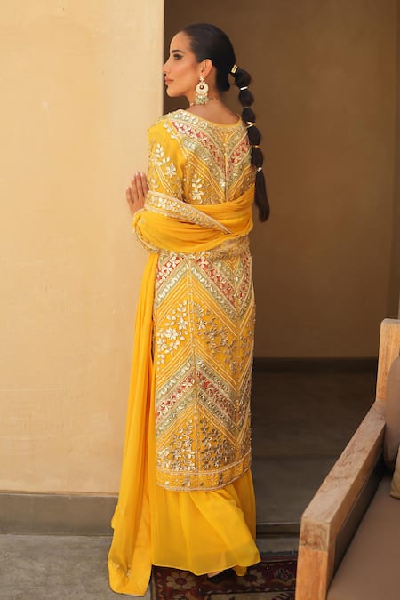 Shian Yellow Embroidered Kurta Sharara Set 