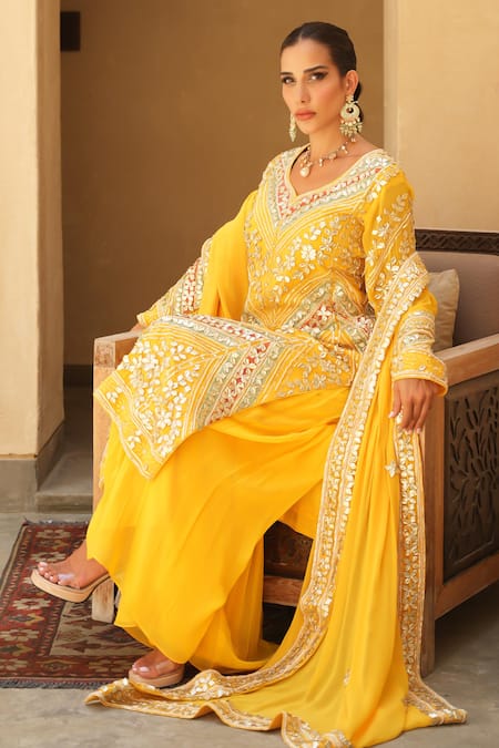 Shop_Shian_Yellow Georgette Sequins, Embroidery Round Neck Kurta Sharara Set _Online_at_Aza_Fashions