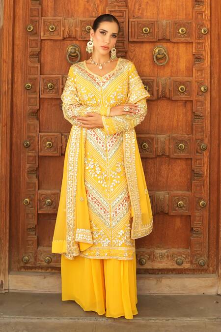 Shian_Yellow Georgette Sequins, Embroidery Round Neck Kurta Sharara Set _at_Aza_Fashions