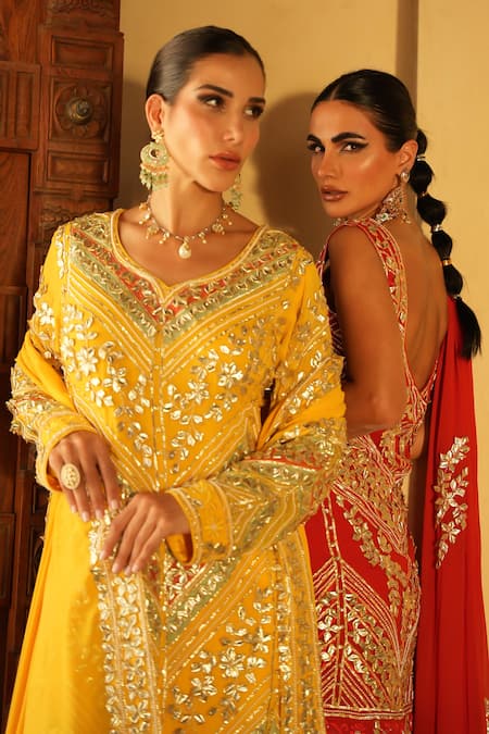 Buy_Shian_Yellow Georgette Sequins, Embroidery Round Neck Kurta Sharara Set 