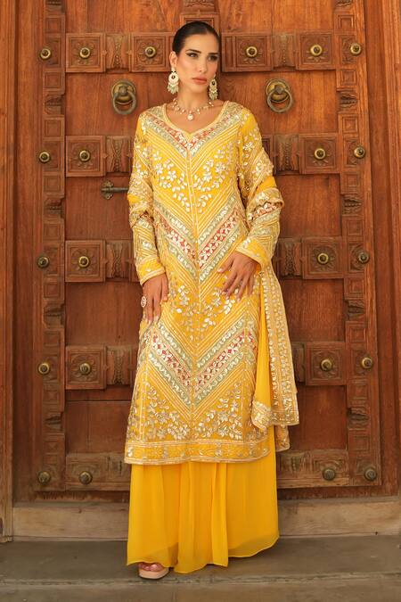Shop_Shian_Yellow Georgette Sequins, Embroidery Round Neck Kurta Sharara Set 
