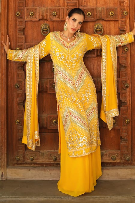 Shian Yellow Embroidered Kurta Sharara Set 