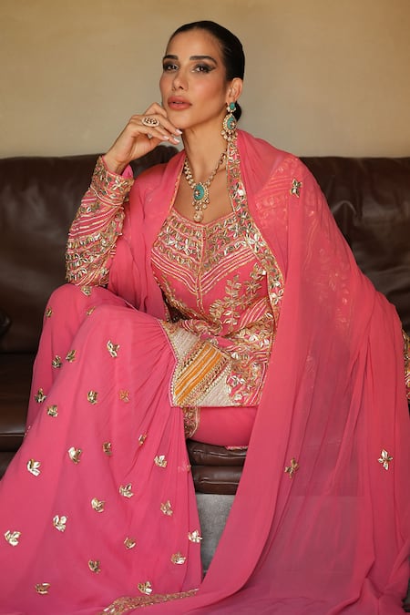 Buy_Shian_Pink Georgette Embroidery Round Neck Gajri Kurta Gharara Set _Online_at_Aza_Fashions