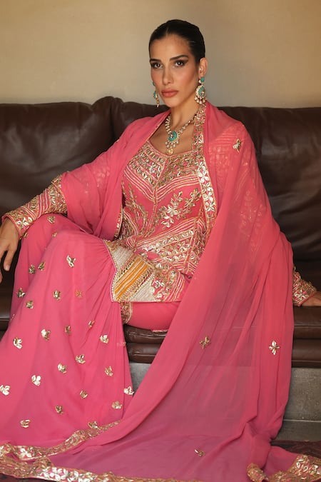Shop_Shian_Pink Georgette Embroidery Round Neck Gajri Kurta Gharara Set _Online_at_Aza_Fashions