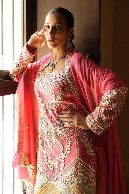 Shian_Pink Georgette Embroidery Round Neck Gajri Kurta Gharara Set _at_Aza_Fashions