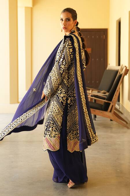 Buy_Shian_Blue Georgette Embroidery Round Neck Kurta Sharara Set _Online_at_Aza_Fashions