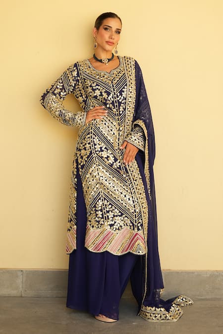 Shian Blue Embroidered Kurta Sharara Set 