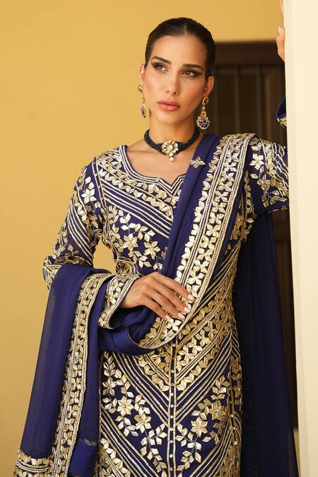 Shop_Shian_Blue Georgette Embroidery Round Neck Kurta Sharara Set _Online_at_Aza_Fashions