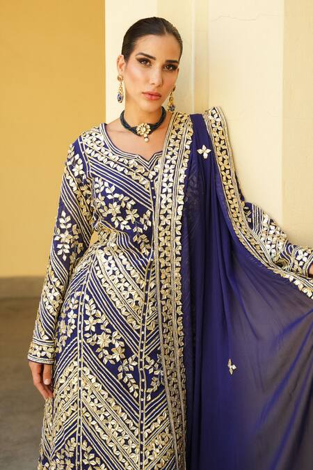 Shian_Blue Georgette Embroidery Round Neck Kurta Sharara Set _at_Aza_Fashions