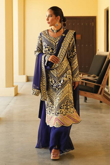 Shop_Shian_Blue Georgette Embroidery Round Neck Kurta Sharara Set 