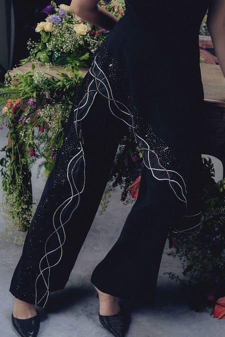 Buy_Pocket Stories_Black Microsuit Embroidery Off-shoulder Asymmetric Top And Flap Pants Set _Online_at_Aza_Fashions