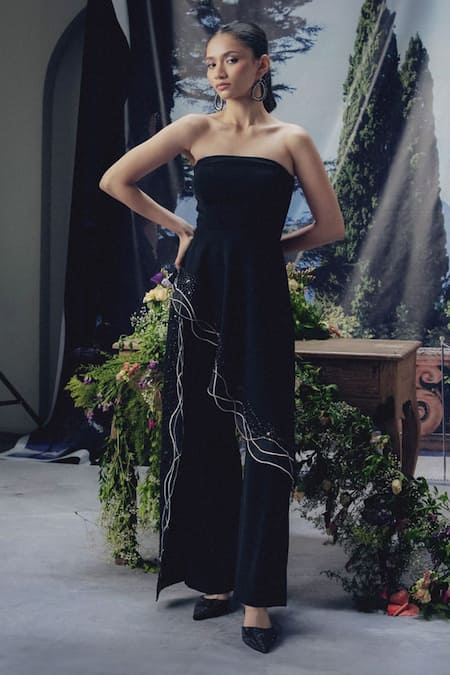 Pocket Stories Black Microsuit Embroidery Off-shoulder Asymmetric Top And Flap Pants Set 