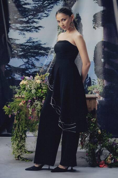 Shop_Pocket Stories_Black Microsuit Embroidery Off-shoulder Asymmetric Top And Flap Pants Set _Online_at_Aza_Fashions