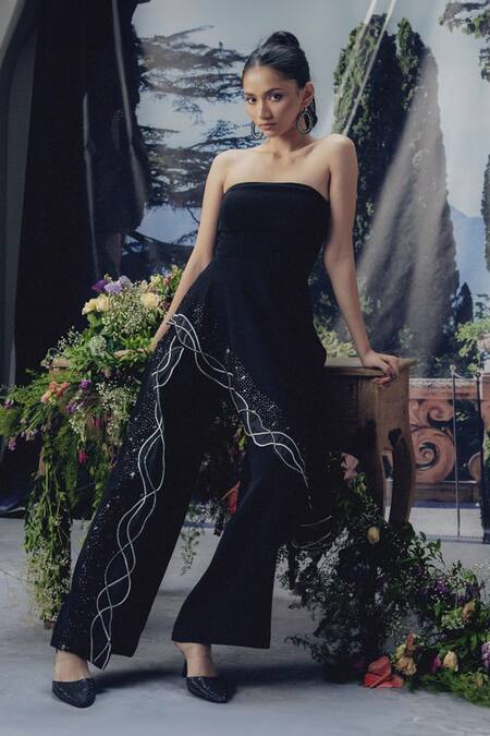 Pocket Stories_Black Microsuit Embroidery Off-shoulder Asymmetric Top And Flap Pants Set _at_Aza_Fashions