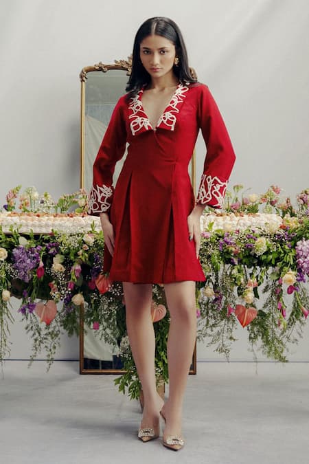 Pocket Stories Maroon Microsuit Embroidery V-neck Crimson Box Pleat Blazer Dress 