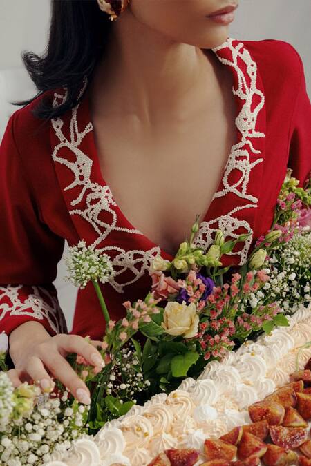 Pocket Stories Maroon Microsuit Embroidery V-neck Crimson Box Pleat Blazer Dress Online at Aza Fashions Pocket Stories_Maroon Microsuit Embroidery V-neck Crimson Box Pleat Blazer Dress _Online_at_Aza_Fashions