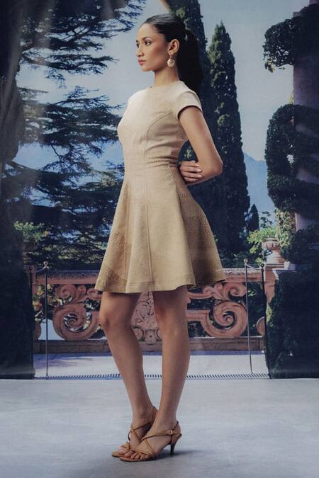 Pocket Stories Beige Denim Crew Neck Sanddune Print Corset Flair Dress Online at Aza Fashions Pocket Stories_Beige Denim Crew Neck Sanddune Print Corset Flair Dress _Online_at_Aza_Fashions