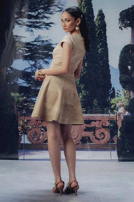 Buy Pocket Stories Beige Denim Crew Neck Sanddune Print Corset Flair Dress Online at Aza Fashions Buy_Pocket Stories_Beige Denim Crew Neck Sanddune Print Corset Flair Dress _Online_at_Aza_Fashions