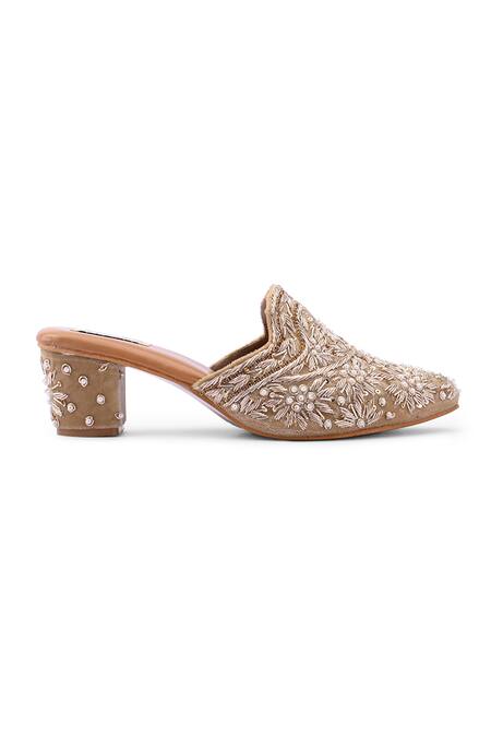 Doriaana_Gold Embroidery, Beads Dull Designer Mules _Online_at_Aza_Fashions