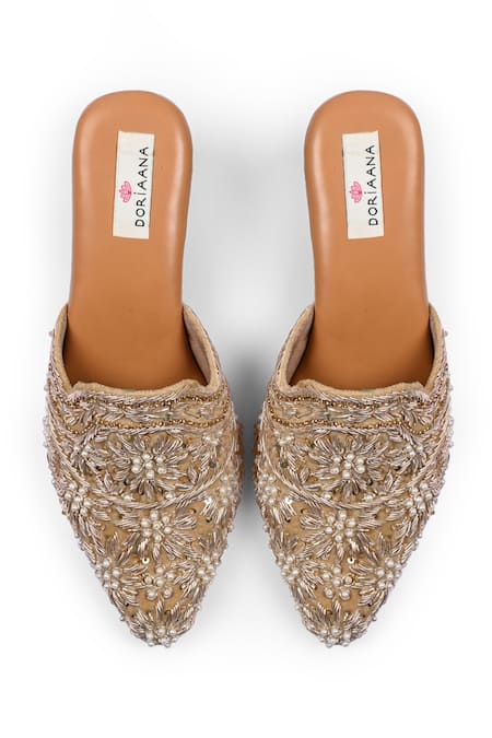 Doriaana Embroidered Dull Gold Designer Mules 