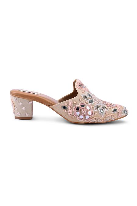 Doriaana_Beige Beads, Sequins Designer Embellished Mules _Online_at_Aza_Fashions