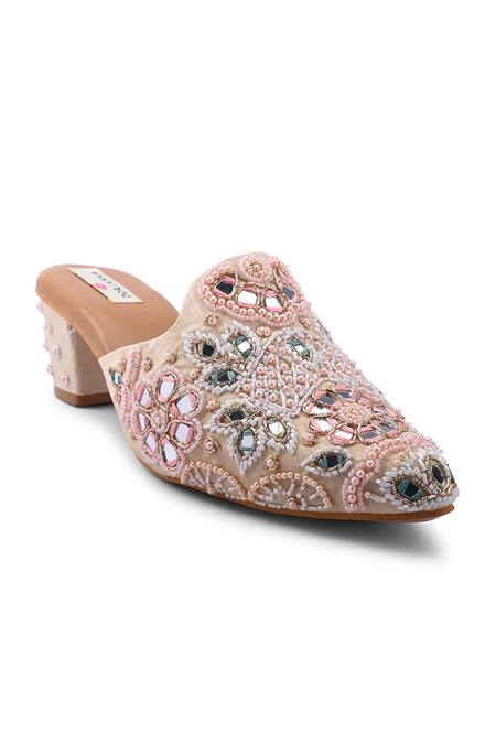Buy_Doriaana_Beige Beads, Sequins Designer Embellished Mules _Online_at_Aza_Fashions
