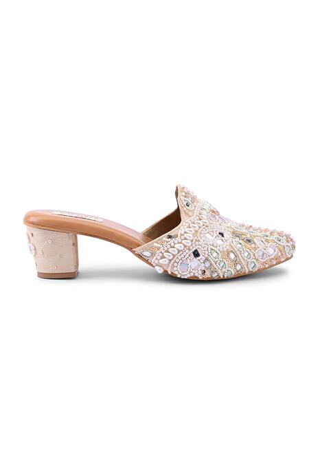 Doriaana_Gold Pearls, Beads Embellished Designer Mules _Online_at_Aza_Fashions