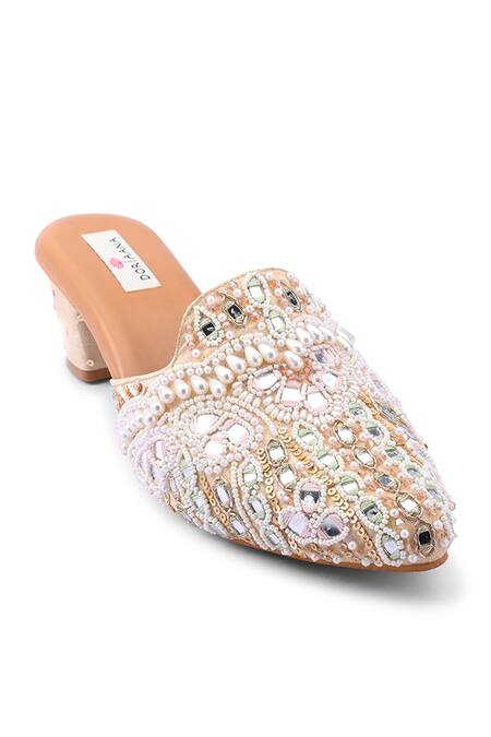 Buy_Doriaana_Gold Pearls, Beads Embellished Designer Mules _Online_at_Aza_Fashions