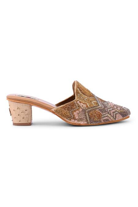 Doriaana_Beige Beads, Sequins Designer Embellished Mules _Online_at_Aza_Fashions