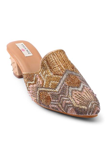 Buy_Doriaana_Beige Beads, Sequins Designer Embellished Mules _Online_at_Aza_Fashions
