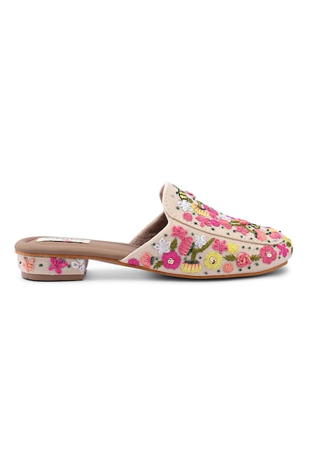 Doriaana Beige Floral Embroidered Designer Mules Online at Aza Fashions Doriaana_Beige Floral Embroidered Designer Mules _Online_at_Aza_Fashions