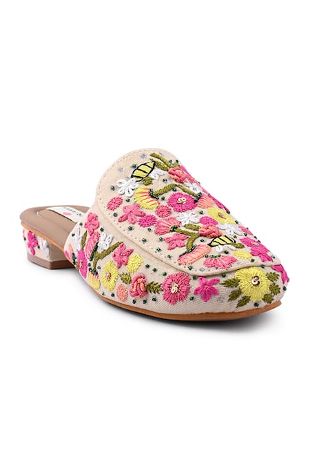 Buy Doriaana Beige Floral Embroidered Designer Mules Online at Aza Fashions Buy_Doriaana_Beige Floral Embroidered Designer Mules _Online_at_Aza_Fashions