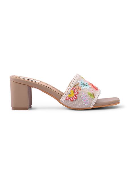 Doriaana_Beige Embroidery Floral Block Heel Sandals _Online_at_Aza_Fashions