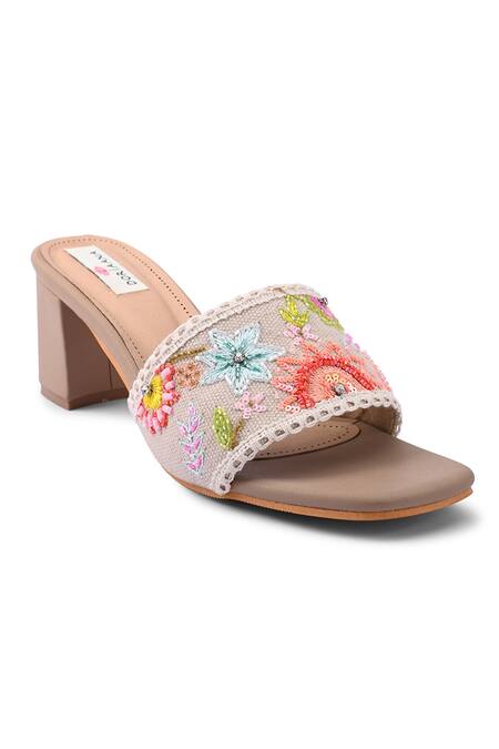 Buy_Doriaana_Beige Embroidery Floral Block Heel Sandals _Online_at_Aza_Fashions