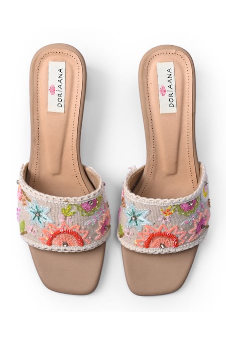 Doriaana Beige Floral Embroidered Block Heel Sandals 