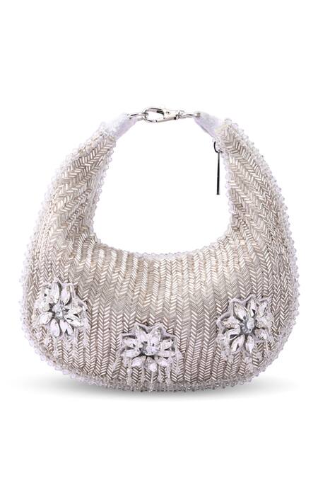 Doriaana_Silver Beads, Crystals Designer Suede Velvet Bag _Online_at_Aza_Fashions