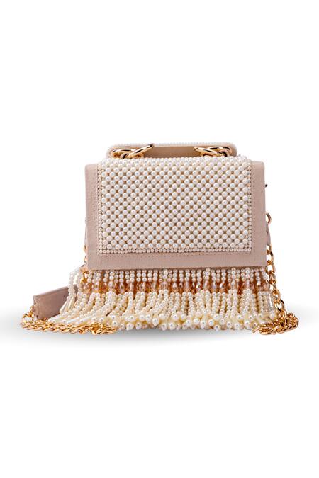 Doriaana_Beige Pearls Amara Suede Velvet Bag _Online_at_Aza_Fashions