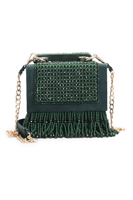 Doriaana_Green Beads, Fringe Amara Crystal Bag _Online_at_Aza_Fashions