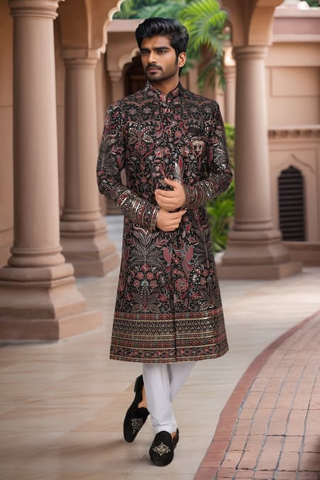 Arihant Rai Sinha Black Multi Color Silk Blend Sherwani Set 