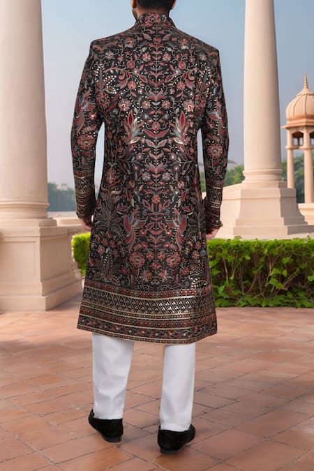 Arihant Rai Sinha Black Multi Color Silk Blend Sherwani Set 