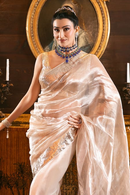 Pranay Baidya_Pink Tissue Tassels Saree With Gota Border _Online_at_Aza_Fashions