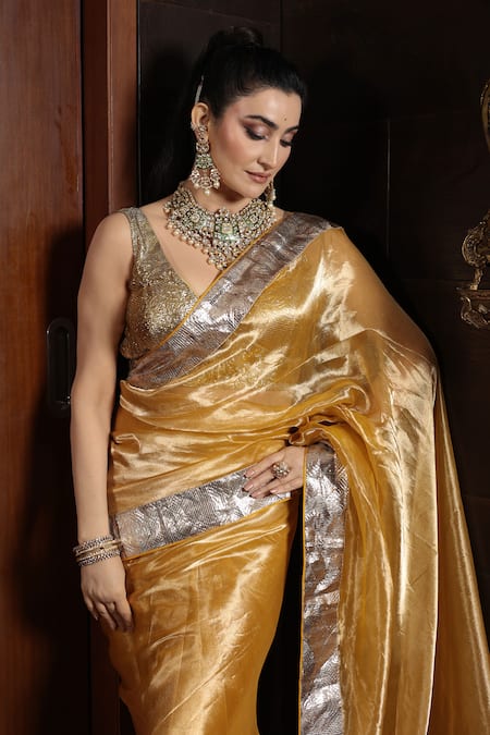 Pranay Baidya_Yellow Tissue Gota Patti, Tassels Saree With Border _at_Aza_Fashions