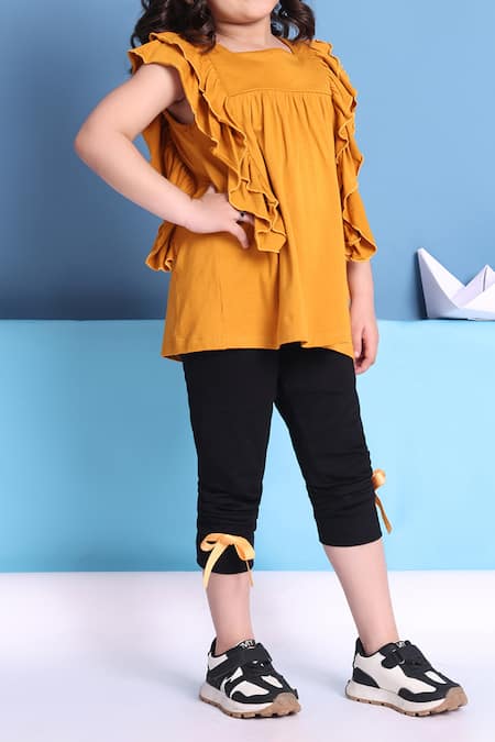 Petite Pomme_Mustard Viscose Ruffled Top And Black Leggings _Online_at_Aza_Fashions