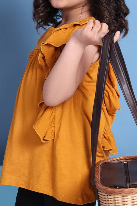 Shop_Petite Pomme_Mustard Viscose Ruffled Top And Black Leggings 