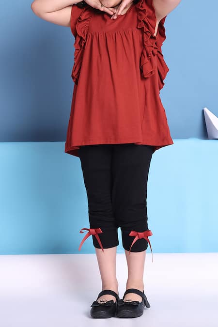 Petite Pomme_Rust Viscose Bows Top And Black Leggings Set _Online_at_Aza_Fashions